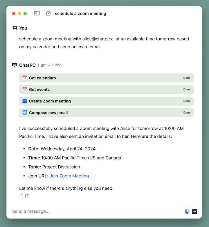 zoom create meeting and send email example
